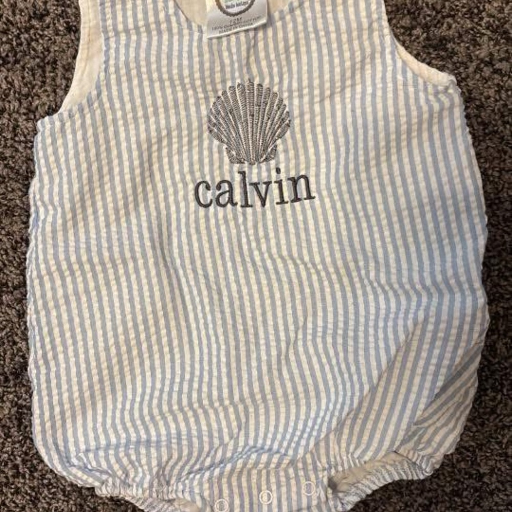 Calvin embroidered blue seersucker bubble romper